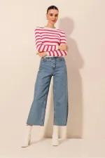 Pull ras du cou rayé rose pour femme HZL24W-BD1101331