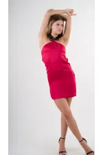 Kadın Kırmızı Halter Yaka Saten Kumaş Sırt Dekolteli Mini Elbise HZL24S-YY262