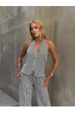 Kadın Siyah Çizgili Önü Fermuarlı Bluz Pantolon İkili Takım HZL25S-ZK13691