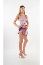 Kadın Gül Kurusu Askılı Önden Düğmeli Cepli Beli Lastikli Şortlu Elbise HZL24S-YY197