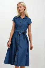 Kadın Denim Kısa Kollu Boydan Düğmeli Beli Kuşaklı Kot Gömlek Elbise Hzl22s-bd121761