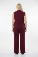 Kadın Bordo Büyük Beden V Yaka Yelek Pantolon İkili Takım HZL26S-PR12131