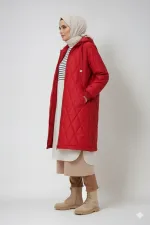 Women's Burgundy Long Quilted Lined Puffer Coat HZL25W-BD151381
