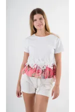 Kadın Beyaz Dantel Çiçek Desenli Bisiklet Yaka Bluz HZL24S-YY256