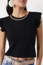 Kadın Siyah Fırfır Kollu Zincir Kolyeli Örme Bluz HZL22S-BD104301
