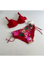 Women's Red Stone Embroidered Floral Patterned Bikini Set HZL25S-LC3368