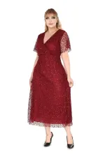 Kadın Bordo Büyük Beden Kruvaze Yaka Payetli Abiye Elbise HZL26S-PR11171