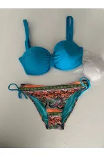 Kadın Mavi Taş İşlemeli Desenli 3 Parça Bikini Takım HZL25S-LC3326