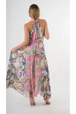 Kadın Çok Renkli Bloklu Yaprak Desenli Halter Yaka Kuşaklı Astarlı Uzun Elbise HZL24S-YY233