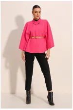 Kadın Fuşya Hakim Yaka Kemer Detaylı Kaşe Panço  HZL24W-BD191341