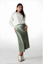 Kadın Çağla Saten Yüzeyli Beli Lastikli Midi Boy Etek Hzl23s-bd1101471