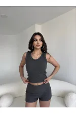 Kadın Antrasit Bel Katlamalı Şortlu Bluz Basic Takım HZL25W-ZK11191