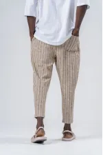 Pantalon de survêtement coupe droite à rayures camel pour homme, avec ceinture nouée à la taille, HZL24S-MXC8948-203