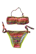 Kız Çocuk Neon Sarı Çok Renkli Astarlı 4-12 Yaş Straplez Bikini Takım HZL24S-LC6355