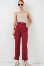 Kadın Bordo Yüksel Bel Kemerli Kumaş Pantolon HZL25S-BD167251