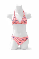 Kız Çocuk Pembe Beyaz Çizgili Flamingo Desenli  4-12 Yaş Üçgen Bikini Takım HZL24S-LC171