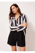 Kadın Siyah Krem Çizgili Saten Gömlek HZL23S-BD1201731