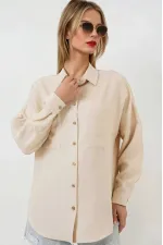 Kadın Bej Oversize Çift Cepli Keten Gömlek HZL22S-BD1201261