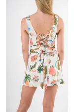 Kadın Krem Tropical Desenli Askılı Sırt Bağlamalı Kuşaklı Mini Elbise HZL24S-YY297