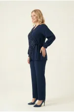 Kadın Lacivert Büyük Beden Payet Detaylı Pantolon Bluz Abiye Takım HZL26W-PR10011