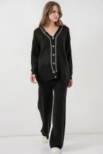 Ensemble deux pièces pour femme : cardigan, pantalon et tricot 15956 - Noir