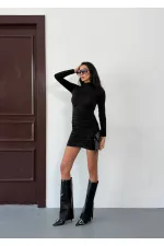 Women's Black Stretch Fabric Turtleneck Long Sleeve Drape Detail Mini Dress HZL25W-FRY123551
