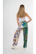 Kadın Yeşil Pembe Desenli Yüksek Bel Bol Paça Pantolon HZL22S-YY284