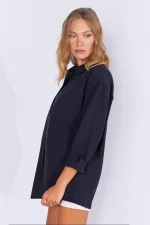 Kadın Lacivert Oversize Uzun Basic Gömlek HZL22W-BD139001