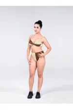 Women's Brown Cream Color Block Lined Bikini Set HZL25S-LC214
