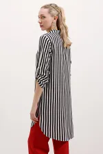 5613 Striped Tunic with Collar Tie - Black