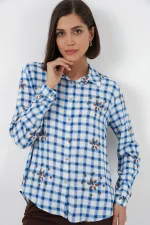 Kadın Desenli Oversize Viskon Gömlek 20371 - Mavi