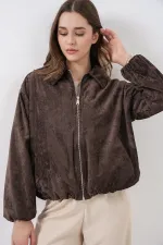 Kadın Büzgülü Oversize Kadife Ceket 0733 - Kahverengi