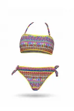 Kız Çocuk Mavi Neon Sarı Çok Renkli Astarlı 4-12 Yaş Straplez Bikini Takım HZL24S-LC6355
