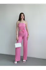 Kadın Pembe Beli Lastilkli Gofre Kumaş Pantolon HZL24S-ZK13261