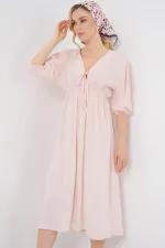 Robe 2570 pour femme, col en V et taille froncée - Rose poudré