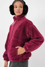 Veste zippée bordeaux imprimée en fausse peau de mouton pour femme, doublée de peluche HZL25W-BD151941