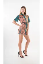 Kadın Yeşil Sarı İp Kemerli Küpürlü Gömlek Görünümlü Elbise HZL24S-YY237