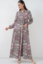 Kadın Desenli Uzun Tesettür Elbise 2585 - B. Fuşya