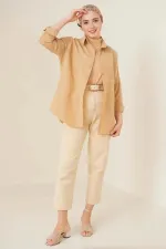 Kadın Tesettür Camel Geniş Kalıp Uzun Basic Gömlek HZL24W-BD139001