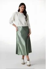 Kadın Çağla Saten Yüzeyli Beli Lastikli Midi Boy Etek Hzl23s-bd1101471