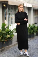 Robe longue noire en maille côtelée à col zippé pour femme HZL24W-BD1102271