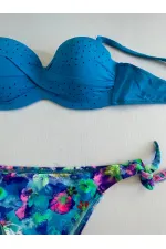 Kadın Mavi Taş İşlemeli Desenli Astarlı Bikini Takım HZL25S-LC203