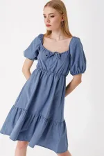 Kadın İndigo Büzgülü Yaka Lastikli Bel Kloş Poplin Elbise HZL22S-BD123511