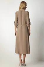 Kadın Krem Gizli Cepli Kuşaklı Viskon Gömlek Elbise HZL24S-BD124421