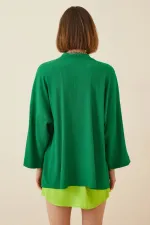 Women's Green Open Front Folded Collar Textured Seasonal Jacket HZL22S-BD158621