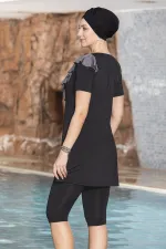 Kadın Tesettür Siyah Gri Kısa Kollu Önü Fırfırlı Boneli Taytlı Elbise Mayo HZL24S-AR1154-01