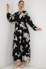 Kadın Desenli Uzun Tesettür Elbise 2585 - Düz Siyah