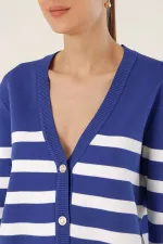 Cardigan en tricot à rayures bleu marine pour femme, coupe décontractée, col en V, HZL24W-BD1102151