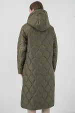 Kadın Haki Kapüşonlu Kapitone Uzun Şişme Mont HZL24W-BD151771