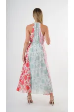 Kadın Kırmızı Yeşil Bloklu Yaprak Desenli Halter Yaka Kuşaklı Astarlı Uzun Elbise HZL24S-YY233